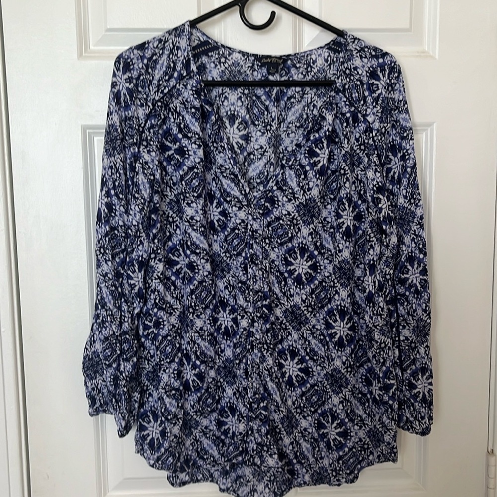 Lucky Brand Tie Dye Blue and White Long Sleeve Gauzy Top, Women Large